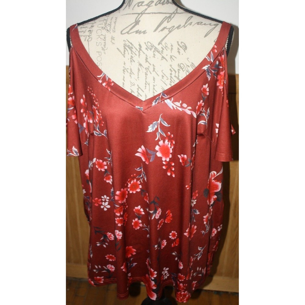 Women's Burnt Orange Floral Print Cold Shoulder SS Top Sz 3X Blouse Pullover EUC